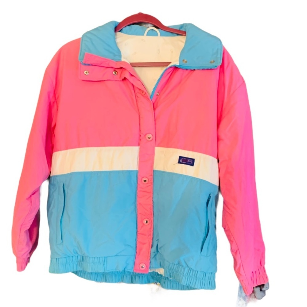 Vintage Pink & Blue Colorblock Ski Jacket with White Stripe